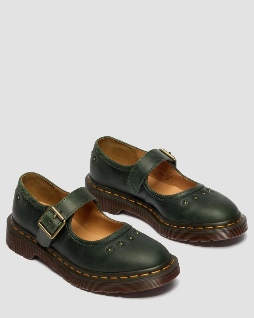 Mary Jane Flower Crazy Horse Leather Shoes in Dms Green