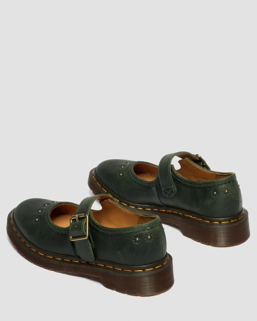 Mary Jane Flower Crazy Horse Leather Shoes in Dms Green