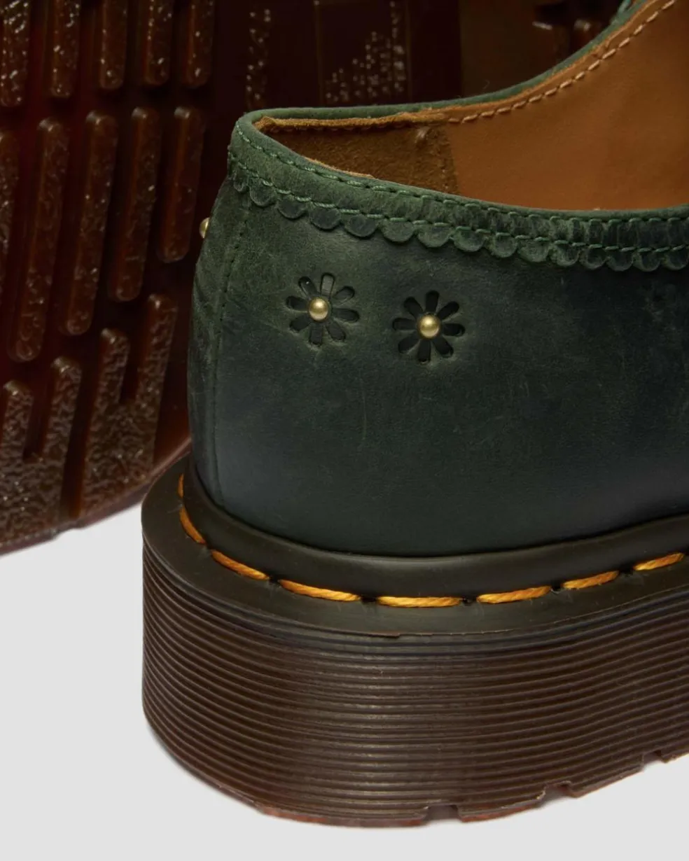 Mary Jane Flower Crazy Horse Leather Shoes in Dms Green