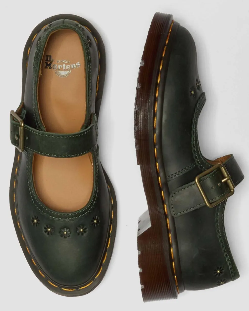 Mary Jane Flower Crazy Horse Leather Shoes in Dms Green