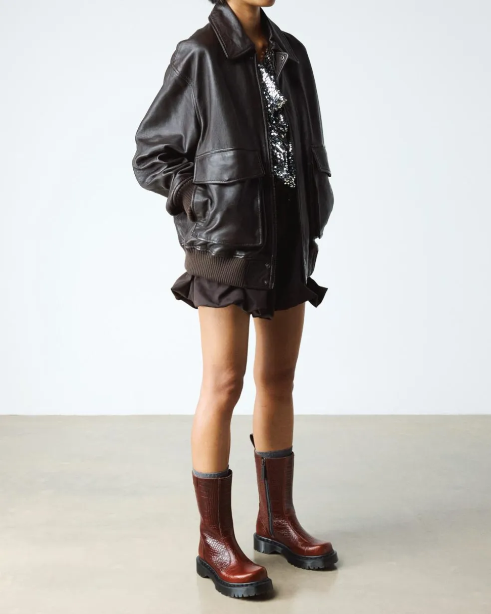 REJENA CROC EMBOSS LEATHER BOOTS in Mocha Brown