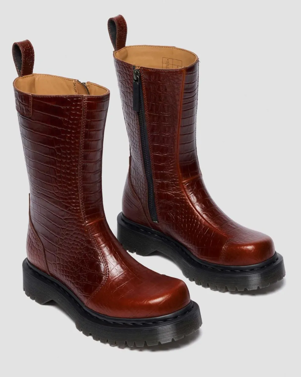 REJENA CROC EMBOSS LEATHER BOOTS in Mocha Brown