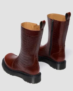 REJENA CROC EMBOSS LEATHER BOOTS in Mocha Brown