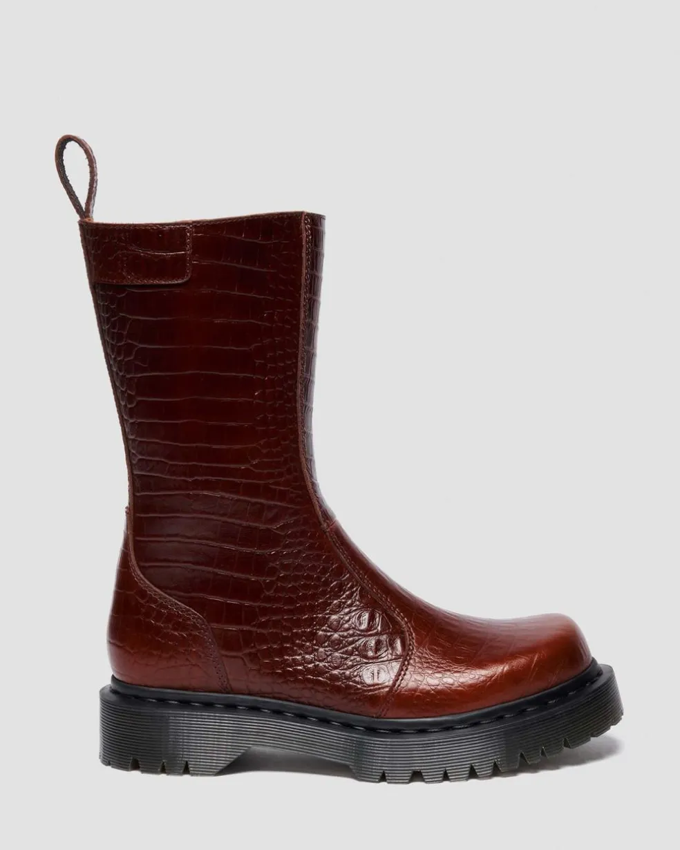 REJENA CROC EMBOSS LEATHER BOOTS in Mocha Brown