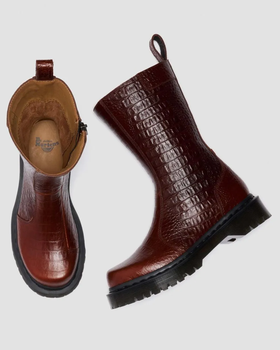 REJENA CROC EMBOSS LEATHER BOOTS in Mocha Brown