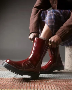 Rejena Lacquered Leather Boots in Cherry Red
