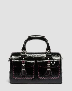 Top Handle Distressed Patent Leather Bag in Black