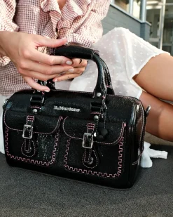 Top Handle Distressed Patent Leather Bag in Black
