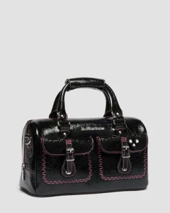 Top Handle Distressed Patent Leather Bag in Black