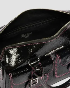 Top Handle Distressed Patent Leather Bag in Black