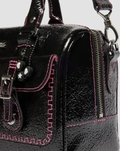 Top Handle Distressed Patent Leather Bag in Black