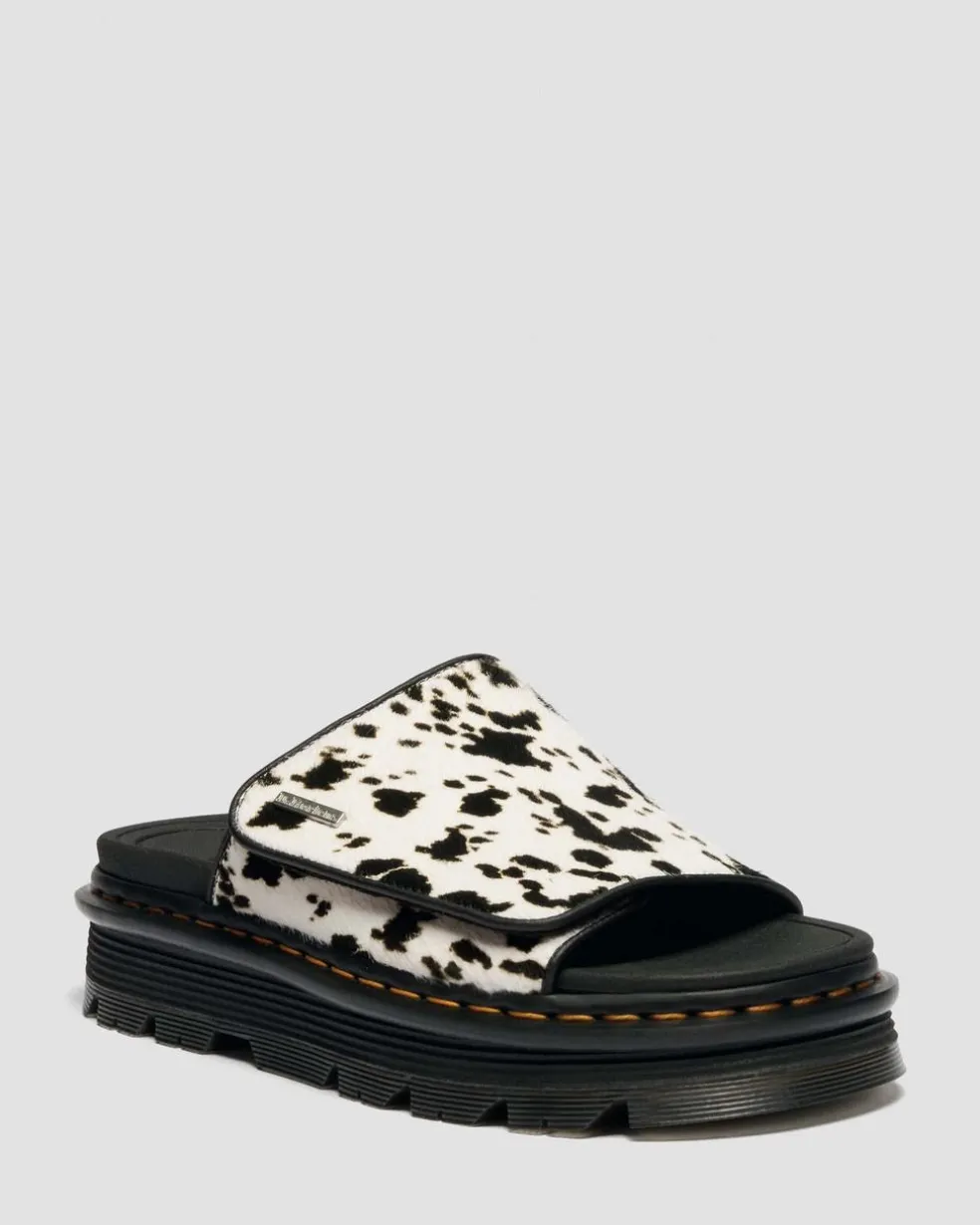Zebzag Dalmatian Hair On Leather Platform Slides in Cream & Black