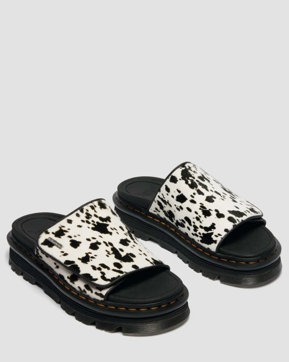 Zebzag Dalmatian Hair On Leather Platform Slides in Cream & Black