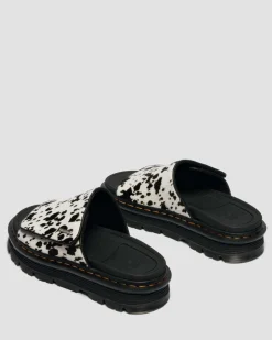 Zebzag Dalmatian Hair On Leather Platform Slides in Cream & Black