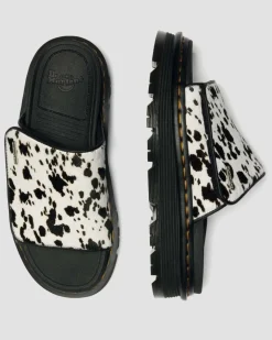 Zebzag Dalmatian Hair On Leather Platform Slides in Cream & Black