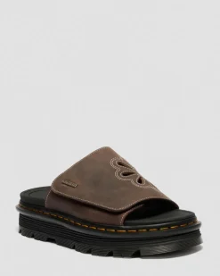Zebzag Flower Crazy Horse Leather Slides in Dark Brown