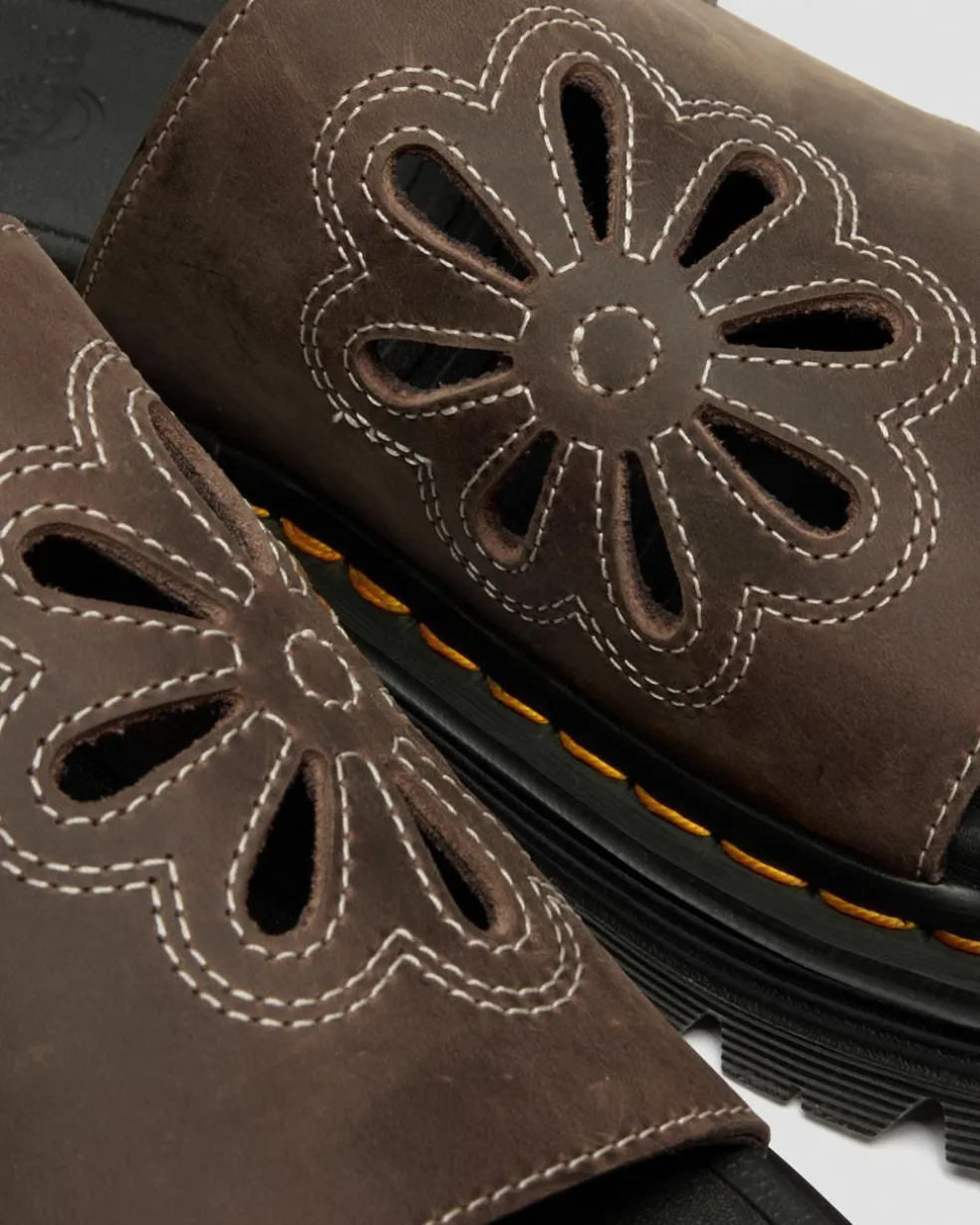 Zebzag Flower Crazy Horse Leather Slides in Dark Brown