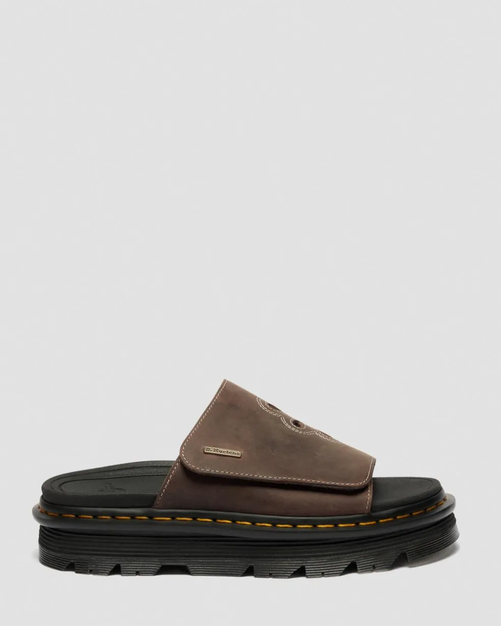 Zebzag Flower Crazy Horse Leather Slides in Dark Brown