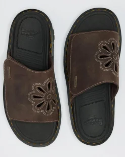 Zebzag Flower Crazy Horse Leather Slides in Dark Brown