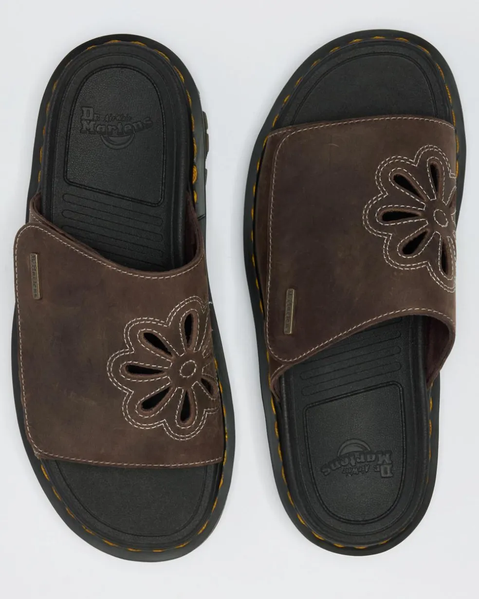Zebzag Flower Crazy Horse Leather Slides in Dark Brown